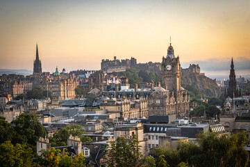 panoramic view from carlton hill over old town of Edinburgh at sunset, Edinburgh Castle, Scotland,...