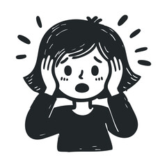 Stressed young female cartoon: monochrome anxiety expression