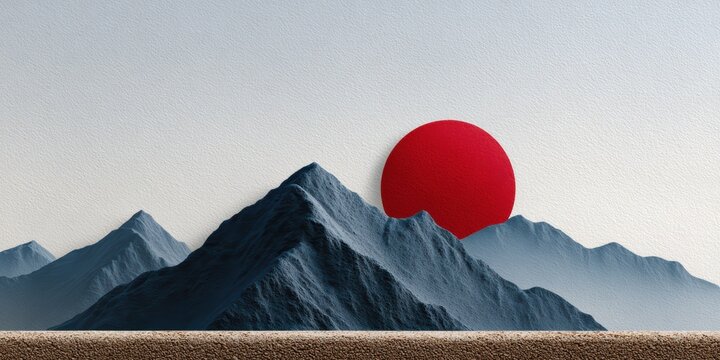 traditional east asian art, ink-painted mountains and moon on rice paper, with a red seal stamp in the corner, creating a tranquil design with space for custom text