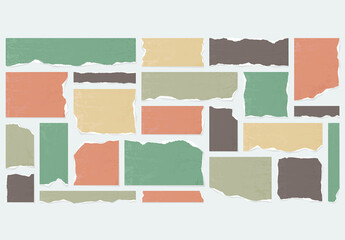 Vector collection of blank multi colored torn paper sheets isolated on gray background.