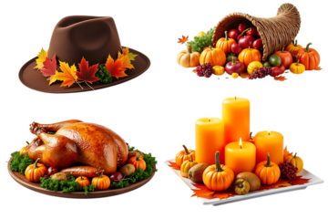  thanksgiving holiday feast with turkey, cornucopia, hat, and candles, isolated on transparent background