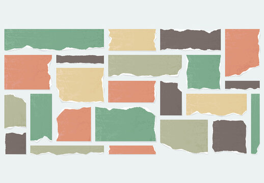 Vector collection of blank multi colored torn paper sheets isolated on gray background.