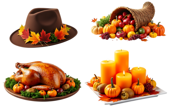 thanksgiving holiday feast with turkey, cornucopia, hat, and candles, isolated on transparent background