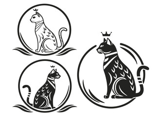 Three regal cat emblems with crowns and decorative elements stylized
