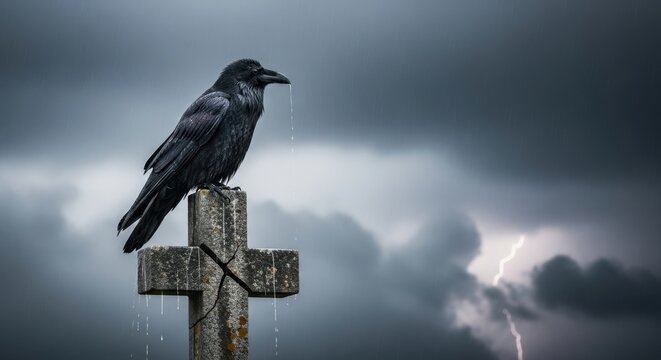 A dark raven perched on a weathered stone cross during a stormy night with lightning strikes