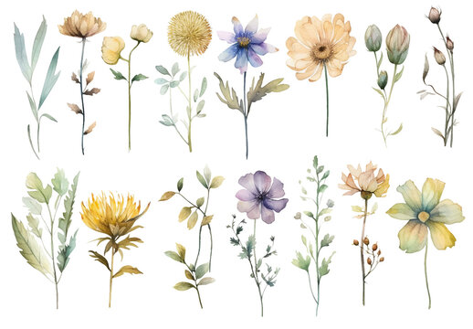Vector watercolor painted style - flowers clipart isolated on white background.