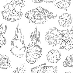 Dragon fruit, pitahaya. Pattern. For cards, posters, textiles, etc. with hand-drawn elements.