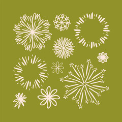 Fireworks set doodle vector illustration. Simple drawing of bright festive lights on a green background. Stylized illustration of sparklers for the new year. Shine, explosion in sketch style