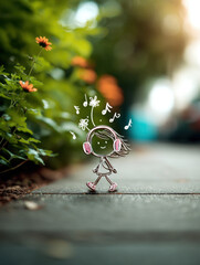 Playful neon-style drawing of a girl wearing headphones, walking happily among flowers and music notes on a blurred urban background.
