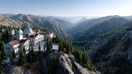 A stunning medieval castle atop a mountain glows in the warm sunset, showcasing its beautiful architecture and ancient surroundings