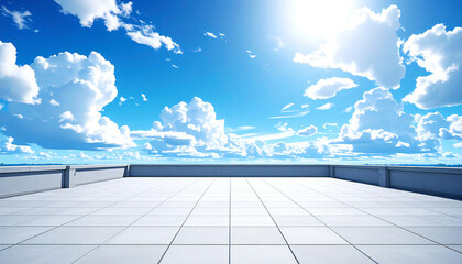 アニメ風の背景。校舎の屋上広場から見える青空。An anime-style background. The blue sky seen from the rooftop plaza of the school building.