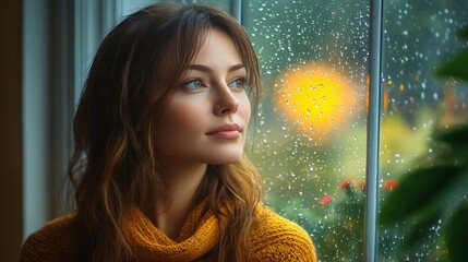 Young woman looking through rainy window during fall season