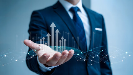 Professional business concept image showing a businessman holding a rising arrow graph and a futuristic network connection.