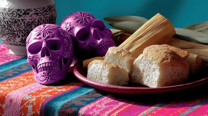 festive day of the dead scene, day of the dead food scene with sugar skulls, tamales, and bread, in bold grunge risograph texture, high contrast ink colors, and halftones