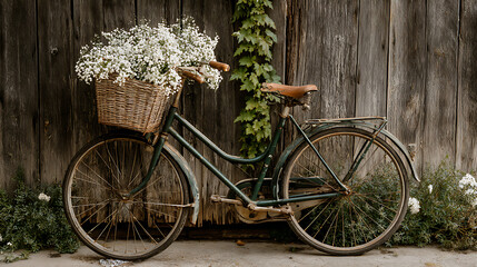 Vintage bicycle with white flowers in a wicker basket against a rustic wooden wall green bicycle