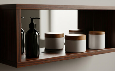Fototapeta premium Mockup Of Wall Shelf With Product Containers And Mirror