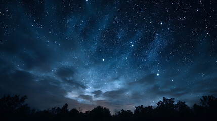 Fototapeta premium Vast deep blue night sky filled with countless sparkling stars and wispy clouds above silhouetted trees