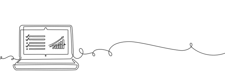 Laptop continuous one line art computer screen office work pc. Continuous one line laptop outline illustration, hand single doodle icon notebook desktop typing business monitor digital technology data