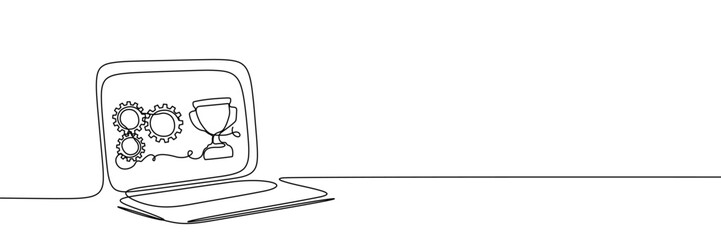 Laptop continuous one line art computer screen office work pc. Continuous one line laptop outline illustration, hand single doodle icon notebook desktop typing business monitor digital technology data