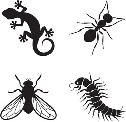 High-quality vector silhouettes of lizard, ant, fly, and centipede. Perfect for pest control, wildlife, insect, and reptile-themed graphic design projects.