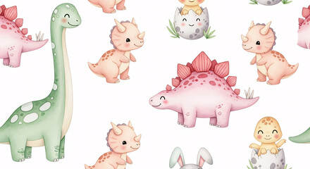 Estores personalizados infantiles con tu foto Seamless cute baby dinosaurs pattern with triceratops, stegosaurus, brontosaurus, hatching dinosaur eggs, watercolor prehistoric animals illustration
