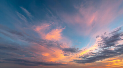 Fototapeta premium Vivid sky painted with warm sunset hues and wispy clouds twilight dusk