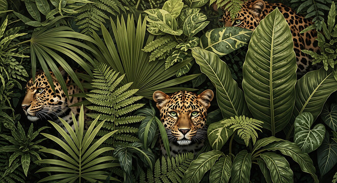 Dramatic portrait of leopards concealed within vibrant green jungle foliage, creating a captivating wildlife scene perfect for conservation and nature projects