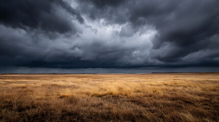 Vast golden grassland under dramatic dark storm clouds dry grass brown