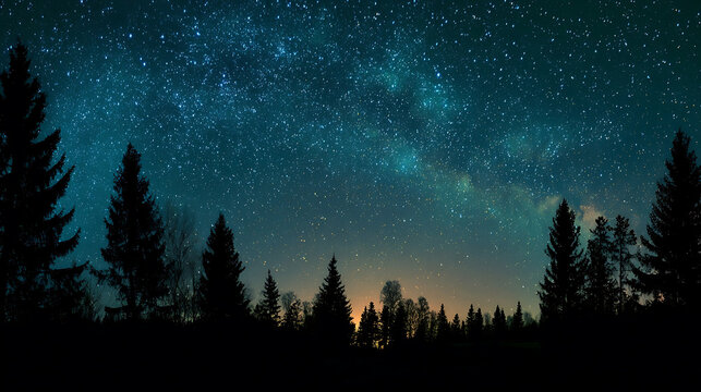 Vast starry expanse above silhouetted evergreen forest night sky stars