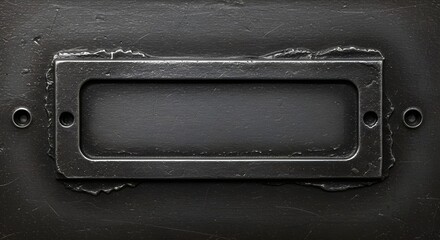 Metal label holder vintage industrial style dark gray background texture close up macro photography detail