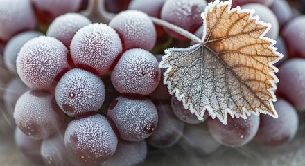 Frozen grapes with frost and leaf