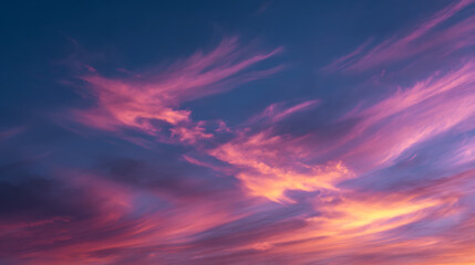 Fototapeta premium Wispy clouds painted with vibrant pink and orange hues against a deep blue twilight sky sunset