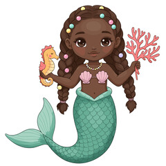Illustration of a cute black mermaid on a white background