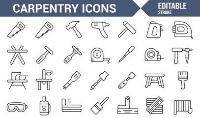 Obraz premium Carpenter Equipment Icons: Hammer, Saw, Drill, and More in Minimalist Style