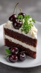 Indulge in a rich chocolate layer cake featuring whipped cream and cherries, beautifully showcased against a dark backdrop
