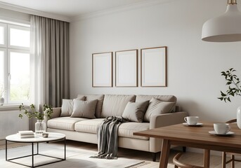 Fototapeta premium Cozy living room with a comfortable sofa and dining area