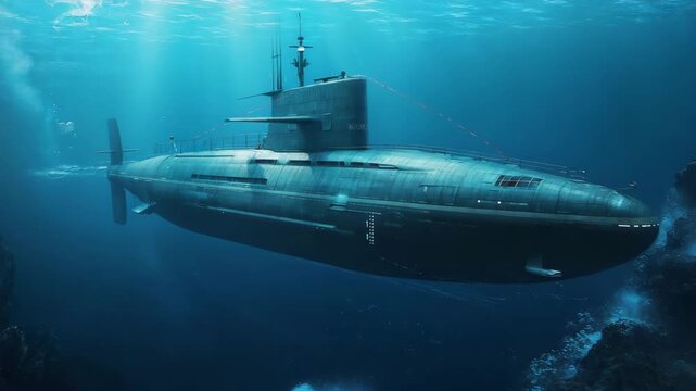 Submarine Moving Underwater in Deep Ocean