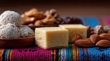 food photography, traditional navaratri snacks and sweets on patterned fabric, with a creative pixelated blur effect in the background, focusing on the food