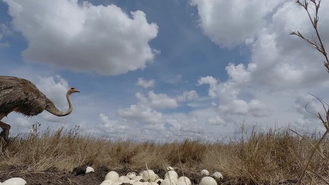 Low wide angle of a Common Ostrich (Struthio camelus) walking near a clutch of eggs in dry savannah grassland at midday in Kenya