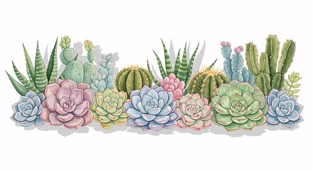 Fototapeta premium Watercolor Succulents and Cacti Horizontal Border, Soft Pastel Colors Arrangement of Various Desert Plants, Isolated on a White Background