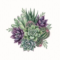 Obraz premium Watercolor Succulents and Cacti Bouquet, Arrangement of Green and Purple Desert Plants, Isolated on a White Background