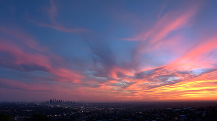 Obraz premium Vibrant sky paints city skyline at dusk with fiery clouds and glowing lights sunset