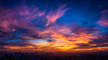 Vibrant sunset paints the sky above a sprawling cityscape with dramatic clouds vibrant colors twilight