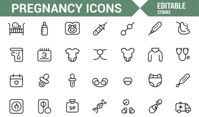Line Icons of Pregnancy Stages, Baby Products, and Health Tools