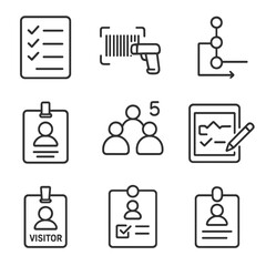 Event Monitoring Icons. Line style icons of event and attendance monitoring: check-in sheet icon, attendance barcode scan, event