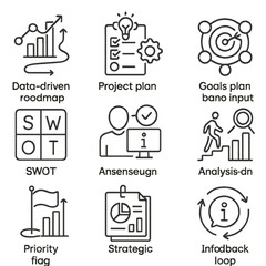 Strategic Planning Icons. Line style icons of strategic planning with data: data-driven roadmap icon, project plan based on