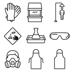 Chemical Safety Icons. Line style icons of chemical safety equipment: chemical-resistant gloves, fume hood icon, safety shower