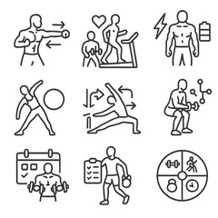Training Icons Collection. Line style icons of full-body training strategies: push-pull workout split, cardio + strength combo