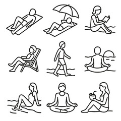 Beach Relaxation Icons. Line style icons of people relaxing on the beach: person lying on towel, sunbathing under umbrella,