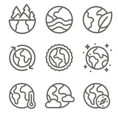 Eco Earth Icons. Line style icons of planet Earth and environmental view: globe with mountains and trees, planet with ocean waves,
